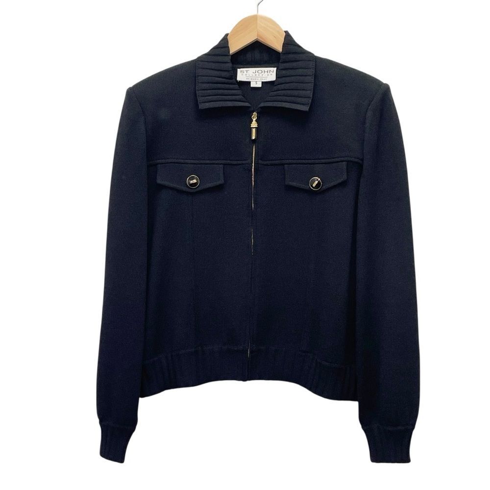 St John Collection Black Santana Knit Zip Jacket Gold Buttons Size Small USA - Picture 5 of 15